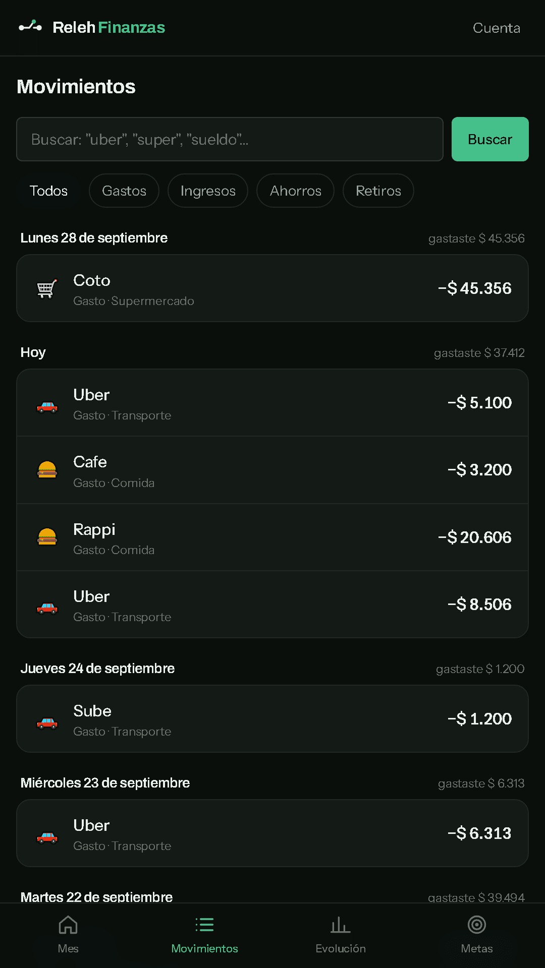 Lista de movimientos con fecha, concepto y monto